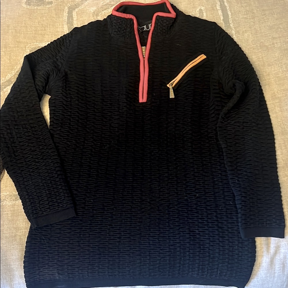 Laurel’s Black Textured Pullover Ski Sweater with contrasting details